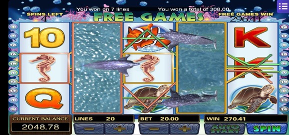 An engaging image of a slot machine with the Dolphin Reef theme, highlighting free game features.