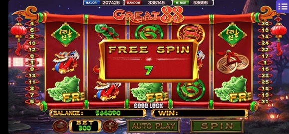 A Mega888 slot machine name Great88 with tradition dragon theme featuring 7 times free spin.